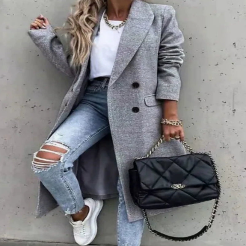 Casaco Feminino de Lã em Cor Sólida, Comprimento Médio