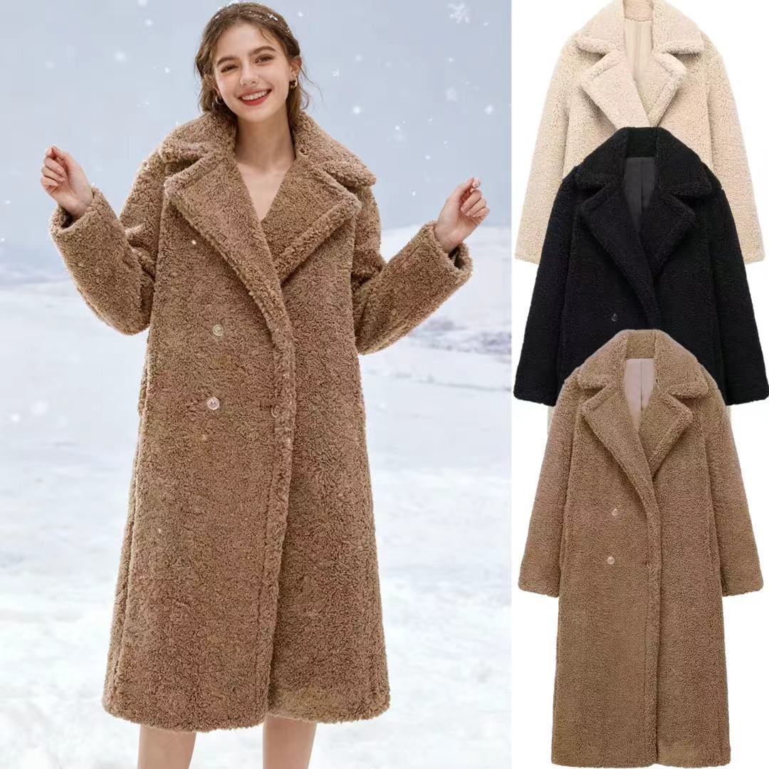 Casaco Oversized com Lapela Grande em Lã Grossa de Cordeiro