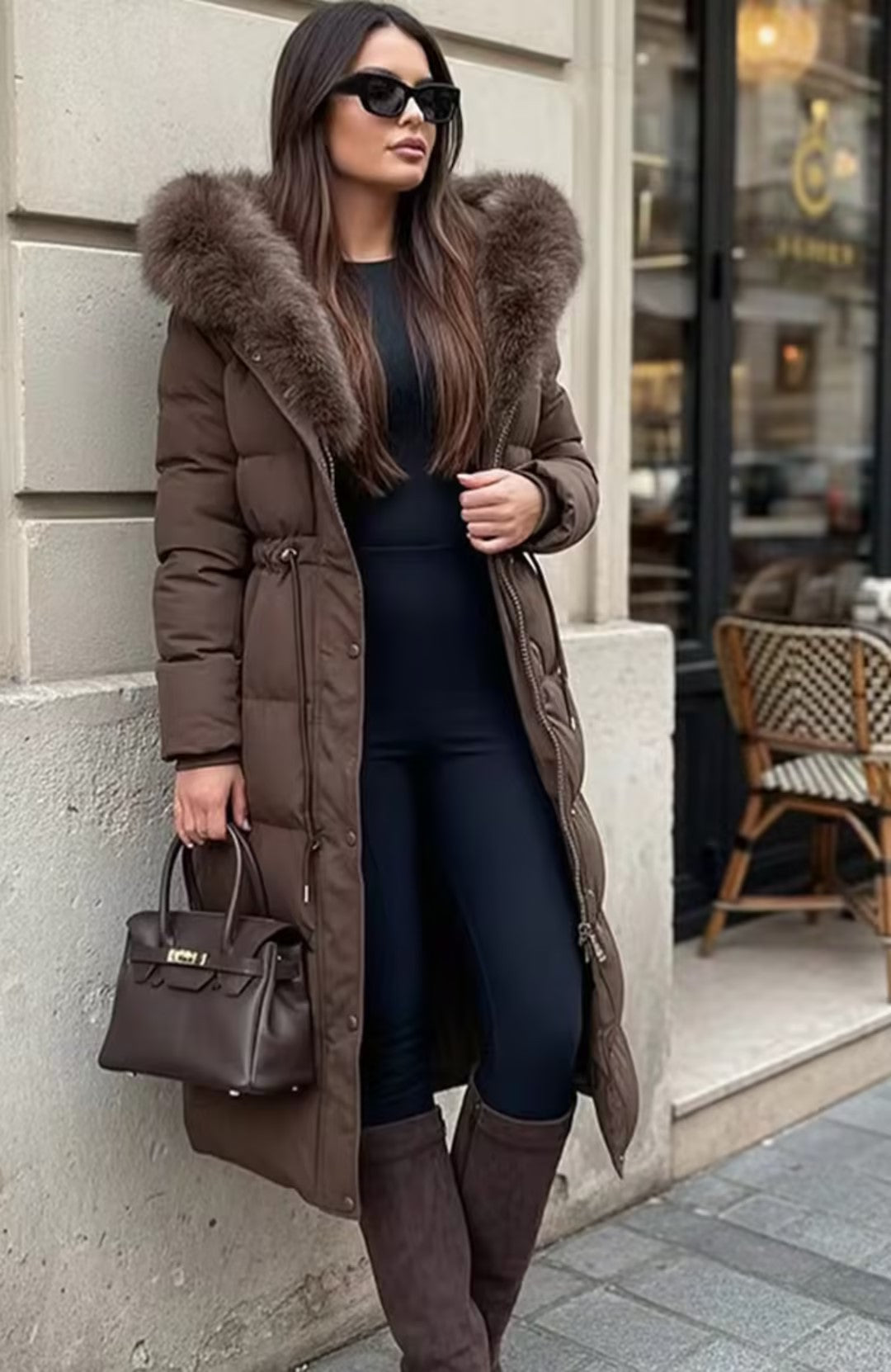 Casaco Feminino Elegante e Quente com Gola de Pele