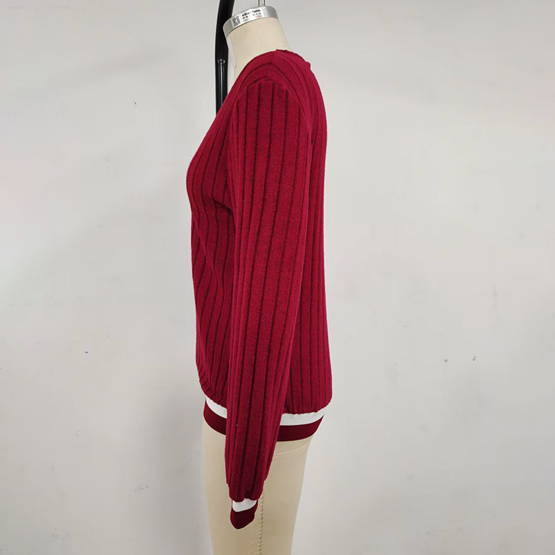 Blusa feminina casual com decote em V e blocos de cores