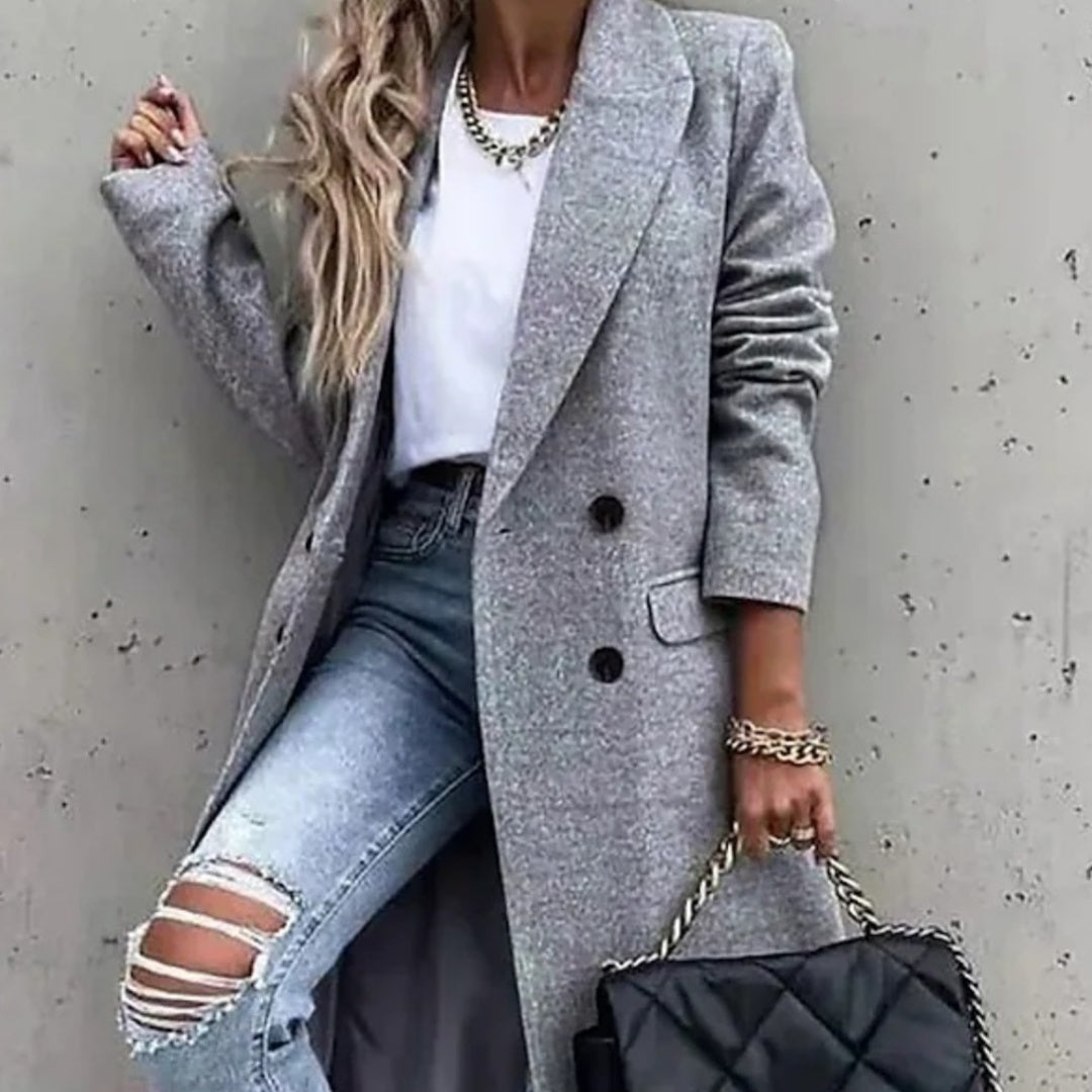 Casaco Feminino de Lã em Cor Sólida, Comprimento Médio